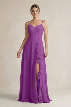 Sweetheart Ruffled A - Line Chiffon Bridesmaid Dress with Slit in Amethyst - SHE IS ME Bridesmaid Dresses