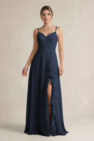Sweetheart Ruffled A - Line Chiffon Bridesmaid Dress with Slit in Dark Navy - SHE IS ME Bridesmaid Dresses