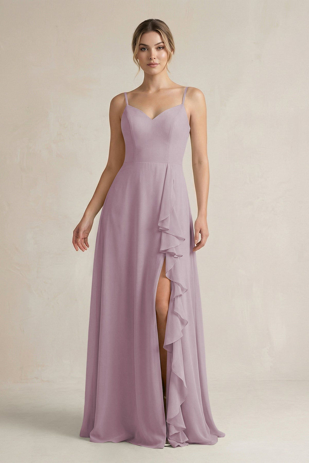 Sweetheart Ruffled A - Line Chiffon Bridesmaid Dress with Slit in Dusk - SHE IS ME Bridesmaid Dresses