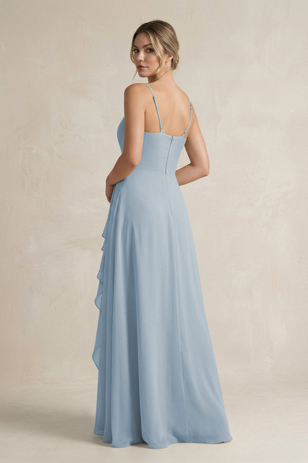 Sweetheart Ruffled A - Line Chiffon Bridesmaid Dress with Slit in Dusty Blue - SHE IS ME Bridesmaid Dresses