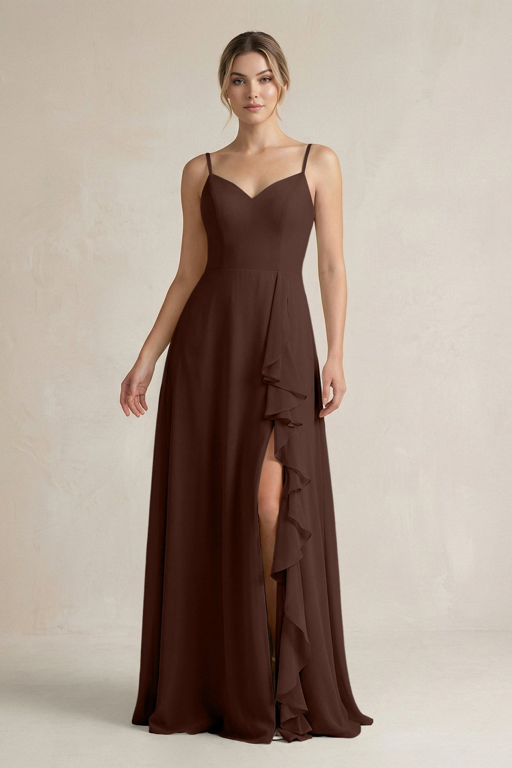 Sweetheart Ruffled A - Line Chiffon Bridesmaid Dress with Slit in Espresso - SHE IS ME Bridesmaid Dresses