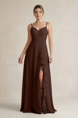 Sweetheart Ruffled A - Line Chiffon Bridesmaid Dress with Slit in Espresso - SHE IS ME Bridesmaid Dresses