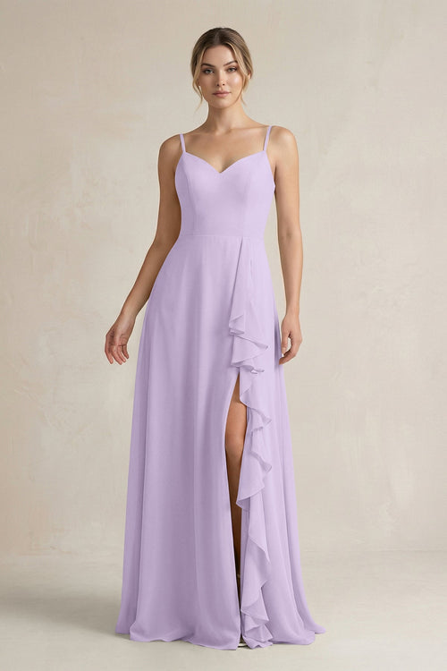 Sweetheart Ruffled A - Line Chiffon Bridesmaid Dress with Slit in Lavender - SHE IS ME Bridesmaid Dresses
