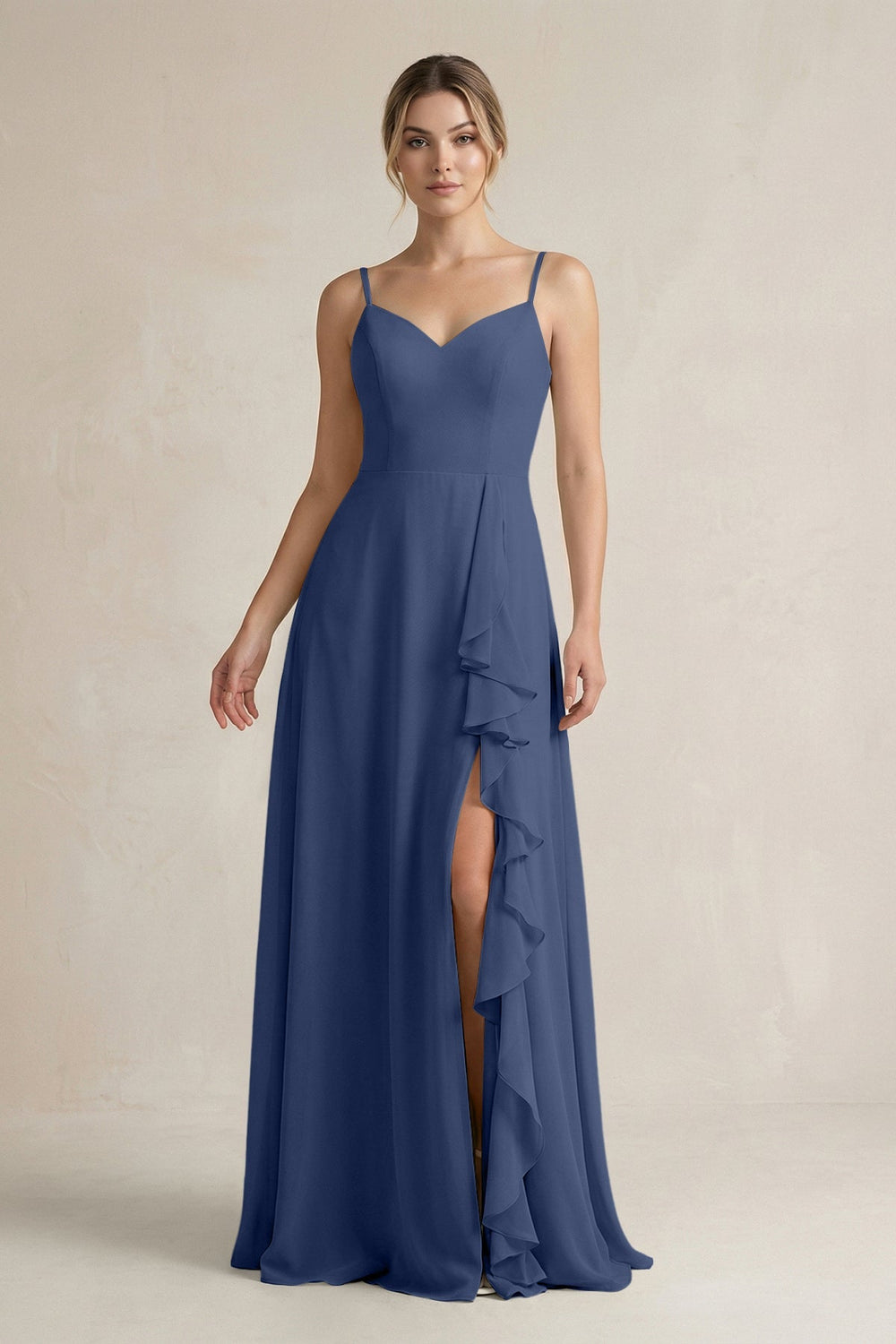 Sweetheart Ruffled A - Line Chiffon Bridesmaid Dress with Slit in Navy - SHE IS ME Bridesmaid Dresses