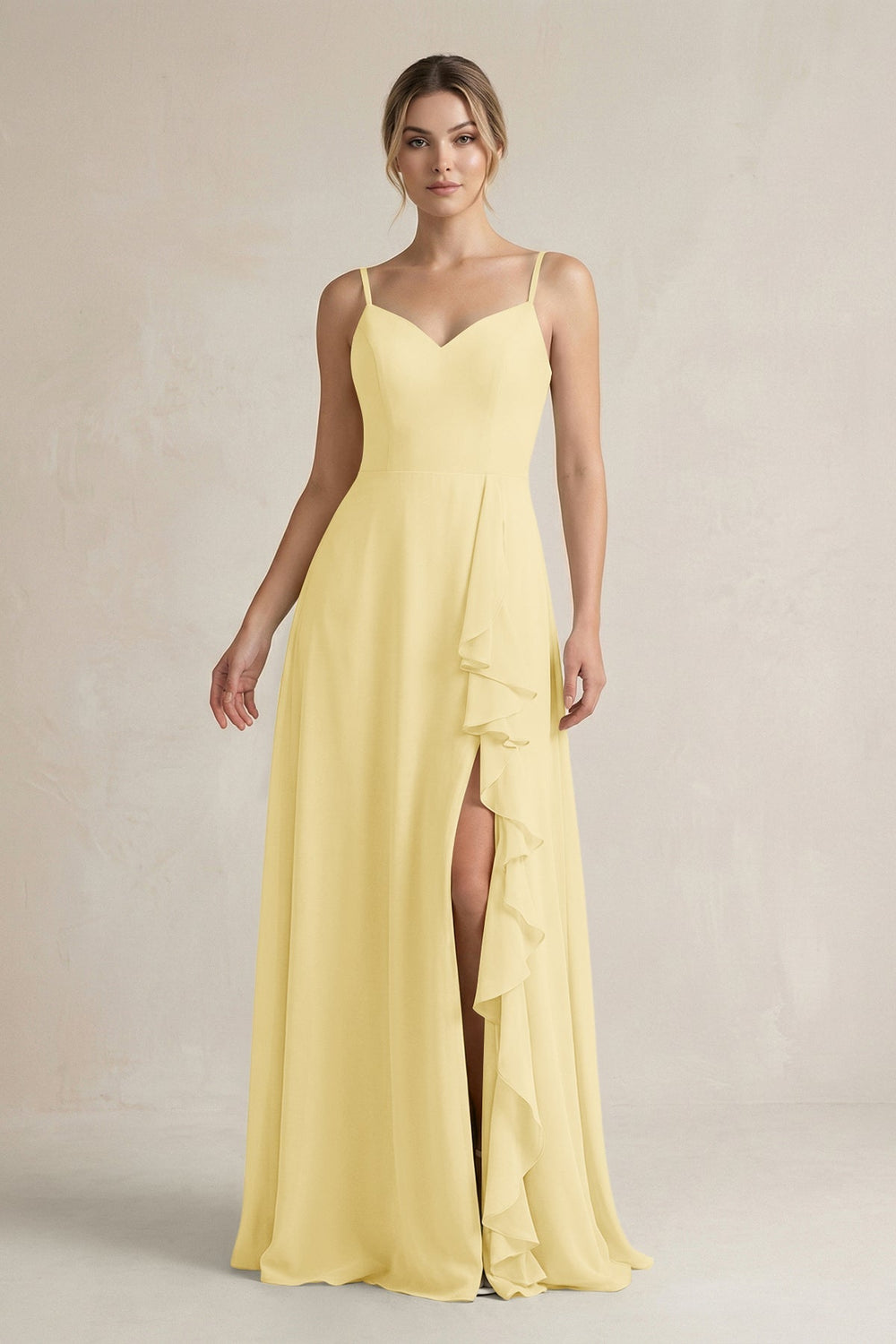 Sweetheart Ruffled A - Line Chiffon Bridesmaid Dress with Slit in Pastel Yellow - SHE IS ME Bridesmaid Dresses