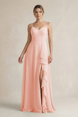 Sweetheart Ruffled A - Line Chiffon Bridesmaid Dress with Slit in Rose Petal - SHE IS ME Bridesmaid Dresses