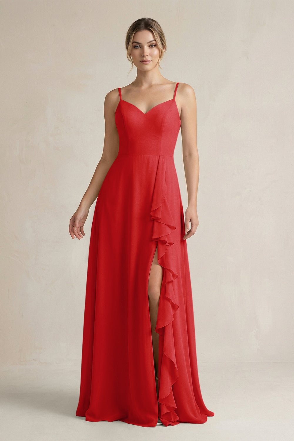 Sweetheart Ruffled A - Line Chiffon Bridesmaid Dress with Slit in Ruby Red - SHE IS ME Bridesmaid Dresses