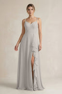 Sweetheart Ruffled A - Line Chiffon Bridesmaid Dress with Slit in Silver - SHE IS ME Bridesmaid Dresses