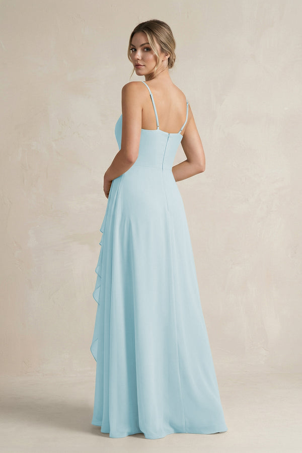 Sweetheart Ruffled A - Line Chiffon Bridesmaid Dress with Slit in Sky Blue - SHE IS ME Bridesmaid Dresses