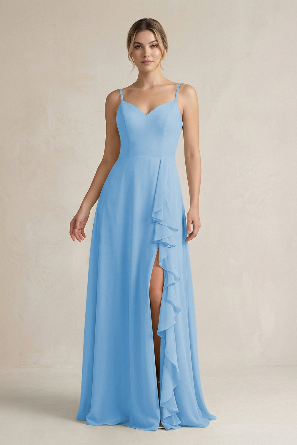 Sweetheart Ruffled A - Line Chiffon Bridesmaid Dress with Slit in Steel Blue - SHE IS ME Bridesmaid Dresses