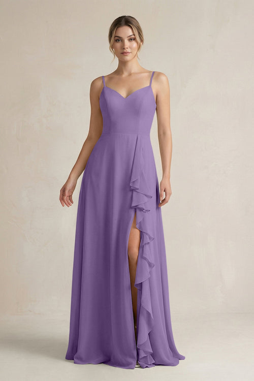 Sweetheart Ruffled A - Line Chiffon Bridesmaid Dress with Slit in Tahiti - SHE IS ME Bridesmaid Dresses