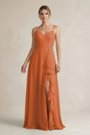 Sweetheart Ruffled A - Line Chiffon Bridesmaid Dress with Slit in Terracotta - SHE IS ME Bridesmaid Dresses