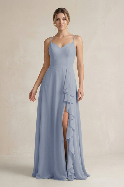 Sweetheart Ruffled A - Line Chiffon Bridesmaid Dress with Slit in Twilight - SHE IS ME Bridesmaid Dresses