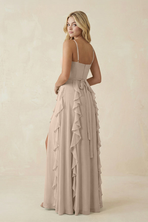 Tiered Ruffle A - Line Chiffon Bridesmaid Dress in Almond - SHE IS ME Bridesmaid Dresses