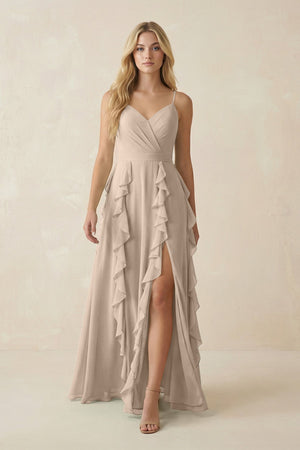 Tiered Ruffle A - Line Chiffon Bridesmaid Dress in Almond - SHE IS ME Bridesmaid Dresses