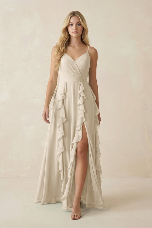 Tiered Ruffle A - Line Chiffon Bridesmaid Dress in Champagne - SHE IS ME Bridesmaid Dresses