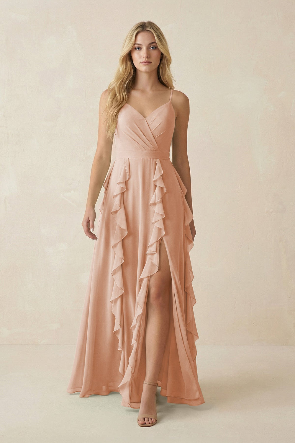 Tiered Ruffle A - Line Chiffon Bridesmaid Dress in Champagne Rose - SHE IS ME Bridesmaid Dresses