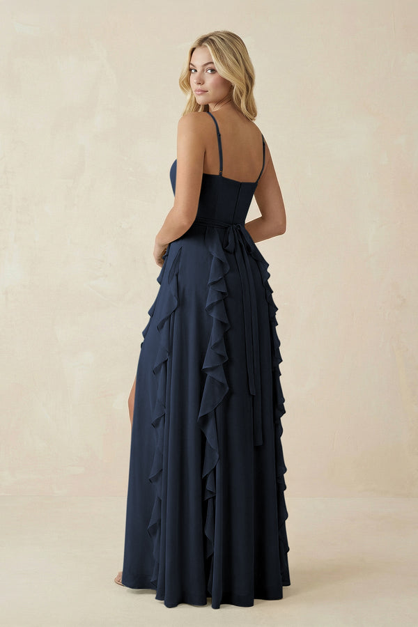 Tiered Ruffle A - Line Chiffon Bridesmaid Dress in Dark Navy - SHE IS ME Bridesmaid Dresses