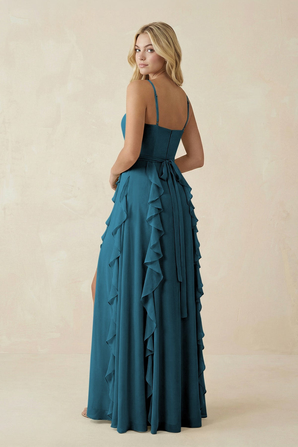 Tiered Ruffle A - Line Chiffon Bridesmaid Dress in Dark Teal - SHE IS ME Bridesmaid Dresses