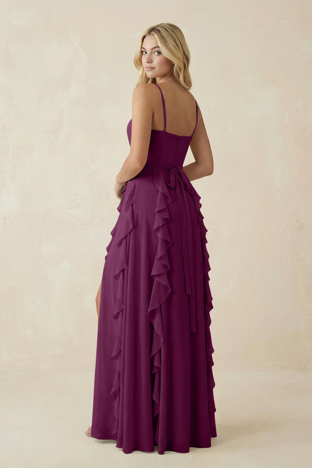 Tiered Ruffle A - Line Chiffon Bridesmaid Dress in Fig - SHE IS ME Bridesmaid Dresses