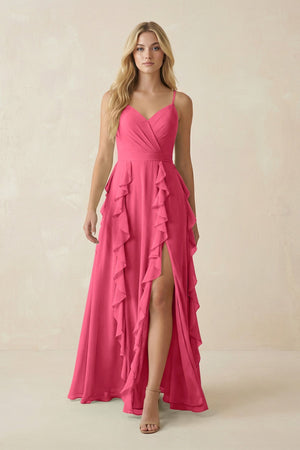 Tiered Ruffle A - Line Chiffon Bridesmaid Dress in Fuchsia - SHE IS ME Bridesmaid Dresses