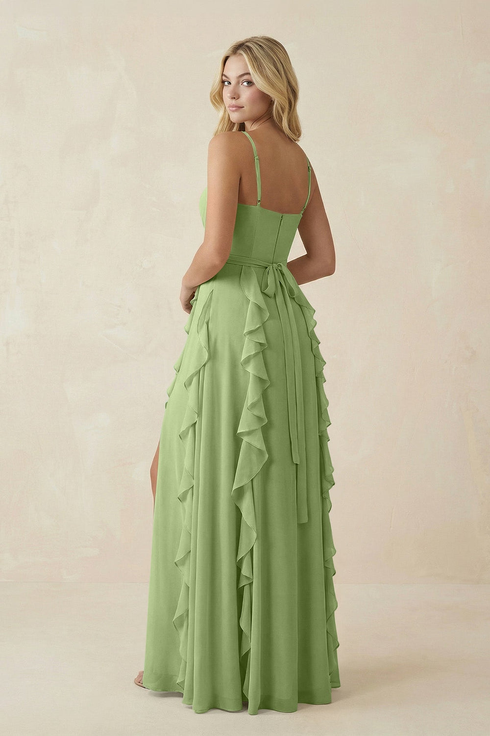Tiered Ruffle A - Line Chiffon Bridesmaid Dress in Matcha - SHE IS ME Bridesmaid Dresses