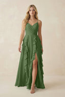 Tiered Ruffle A - Line Chiffon Bridesmaid Dress in Moss - SHE IS ME Bridesmaid Dresses