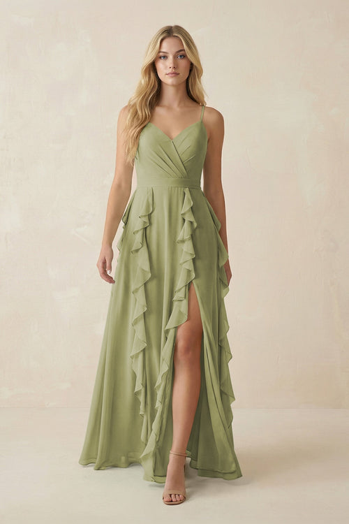 Tiered Ruffle A - Line Chiffon Bridesmaid Dress in Moss Green - SHE IS ME Bridesmaid Dresses