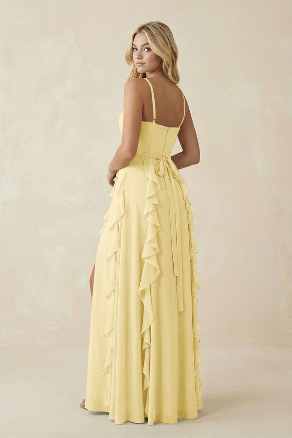 Tiered Ruffle A - Line Chiffon Bridesmaid Dress in Pastel Yellow - SHE IS ME Bridesmaid Dresses