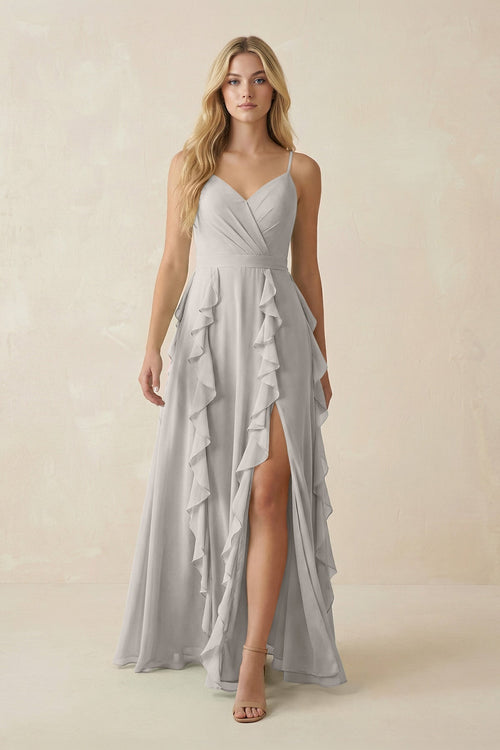 Tiered Ruffle A - Line Chiffon Bridesmaid Dress in Silver - SHE IS ME Bridesmaid Dresses