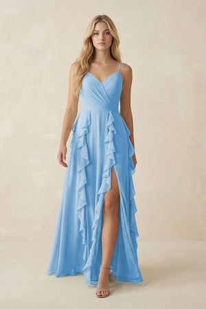 Tiered Ruffle A - Line Chiffon Bridesmaid Dress in Steel Blue - SHE IS ME Bridesmaid Dresses