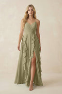 Tiered Ruffle A - Line Chiffon Bridesmaid Dress in Thyme - SHE IS ME Bridesmaid Dresses