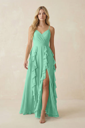 Tiered Ruffle A - Line Chiffon Bridesmaid Dress in Turquoise - SHE IS ME Bridesmaid Dresses