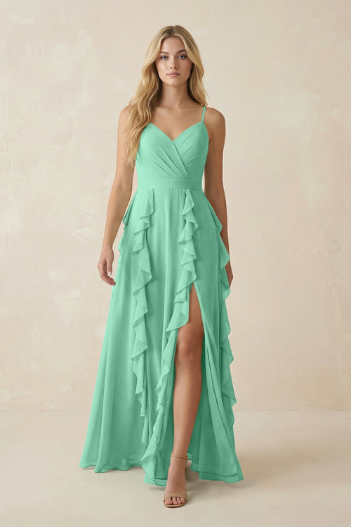 Tiered Ruffle A - Line Chiffon Bridesmaid Dress in Turquoise - SHE IS ME Bridesmaid Dresses