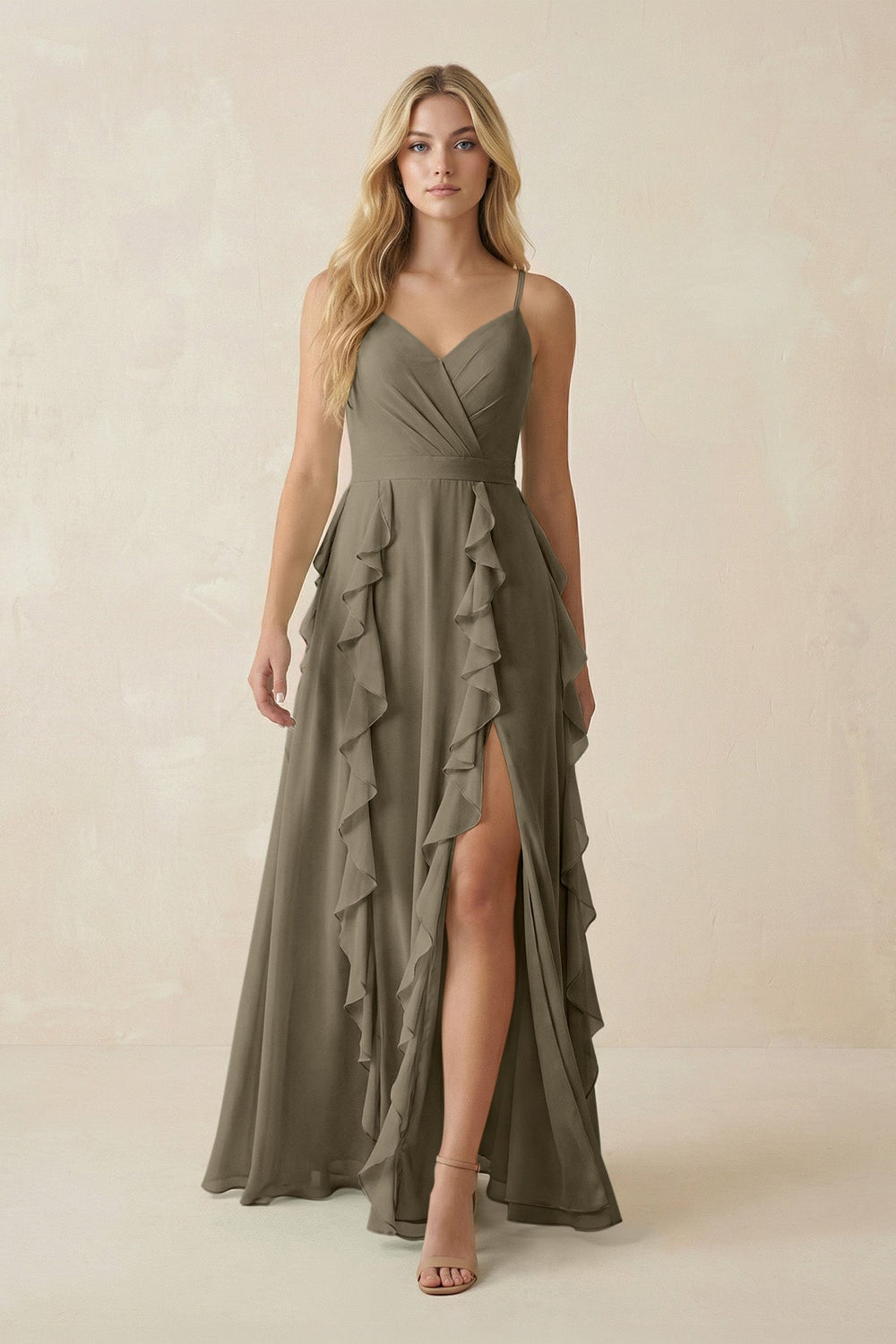 Tiered Ruffle A - Line Chiffon Bridesmaid Dress in Olive - SHE IS ME Bridesmaid Dresses