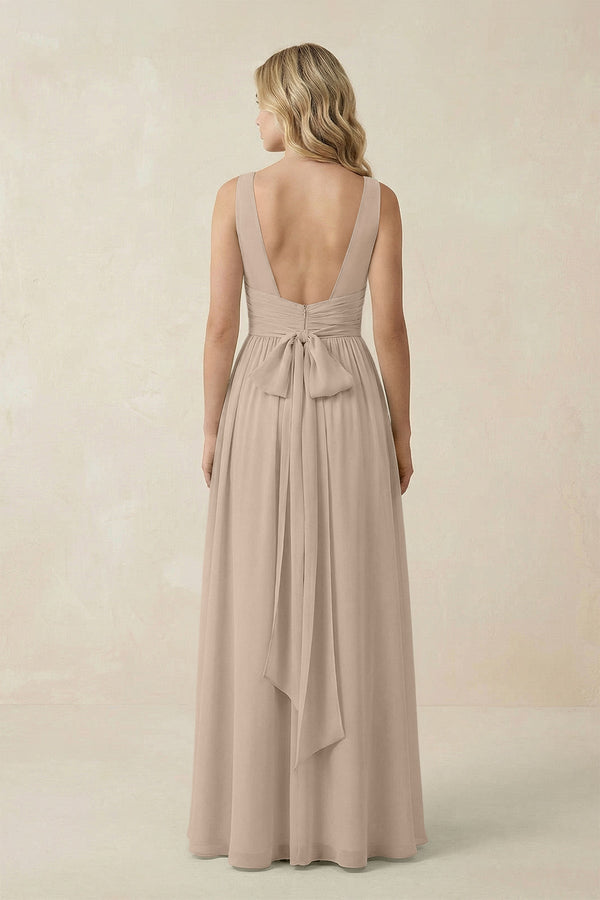 V - Neck A - Line Bridesmaid Dress with Back Bow in Almond - SHE IS ME Bridesmaid Dresses