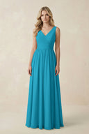 V - Neck A - Line Bridesmaid Dress with Back Bow in Blue Jay - SHE IS ME Bridesmaid Dresses