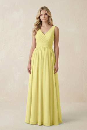 V - Neck A - Line Bridesmaid Dress with Back Bow in Buttercup - SHE IS ME Bridesmaid Dresses