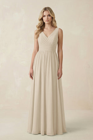 V - Neck A - Line Bridesmaid Dress with Back Bow in Champagne - SHE IS ME Bridesmaid Dresses