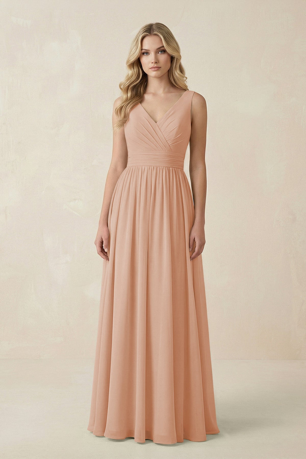 V - Neck A - Line Bridesmaid Dress with Back Bow in Champagne Rose - SHE IS ME Bridesmaid Dresses