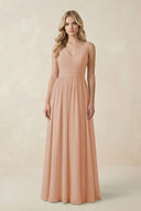V - Neck A - Line Bridesmaid Dress with Back Bow in Champagne Rose - SHE IS ME Bridesmaid Dresses