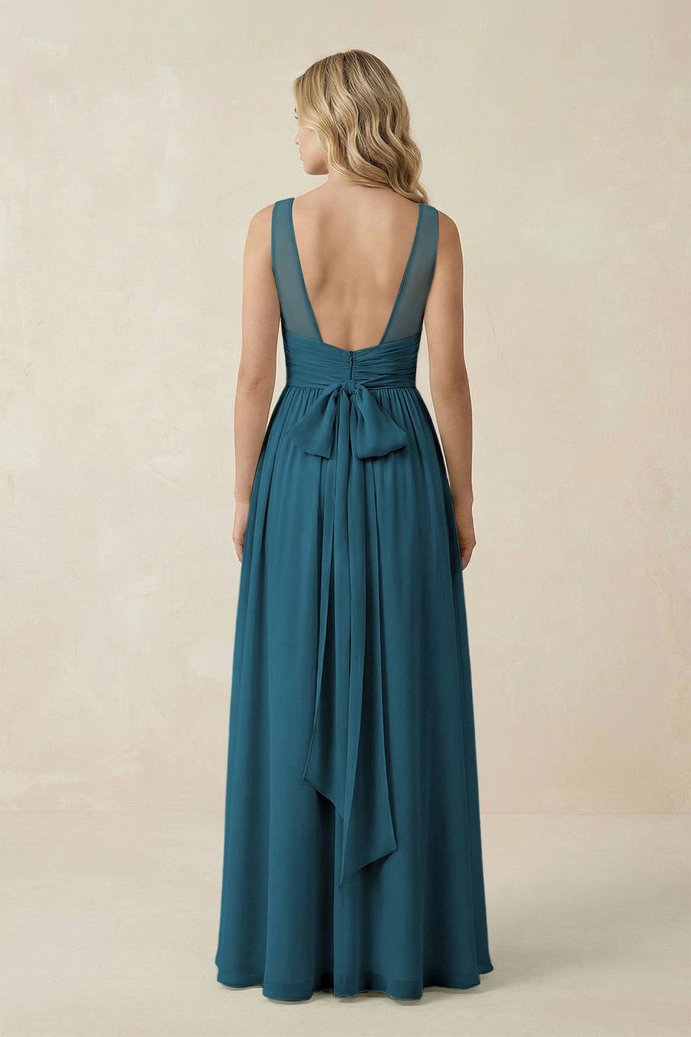 V - Neck A - Line Bridesmaid Dress with Back Bow in Dark Teal - SHE IS ME Bridesmaid Dresses