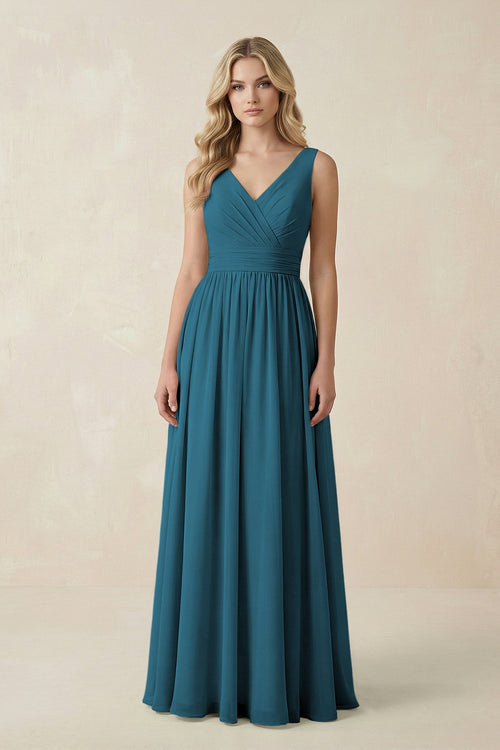 V - Neck A - Line Bridesmaid Dress with Back Bow in Dark Teal - SHE IS ME Bridesmaid Dresses
