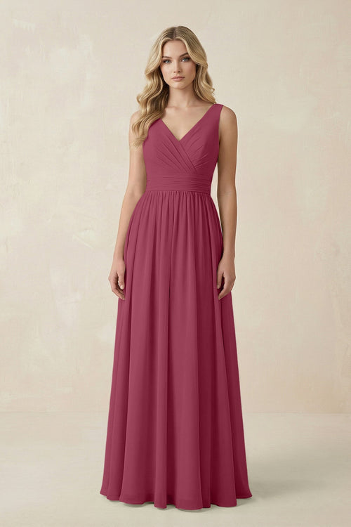 V - Neck A - Line Bridesmaid Dress with Back Bow in Desert Rose - SHE IS ME Bridesmaid Dresses