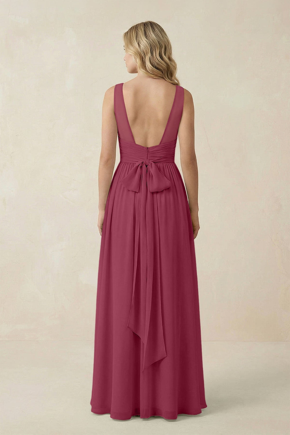 V - Neck A - Line Bridesmaid Dress with Back Bow in Desert Rose - SHE IS ME Bridesmaid Dresses