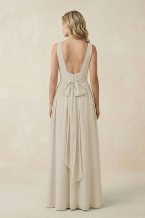 V - Neck A - Line Bridesmaid Dress with Back Bow in Dove Gray - SHE IS ME Bridesmaid Dresses