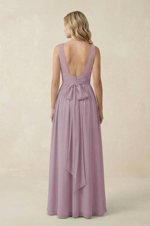 V - Neck A - Line Bridesmaid Dress with Back Bow in Dusk - SHE IS ME Bridesmaid Dresses