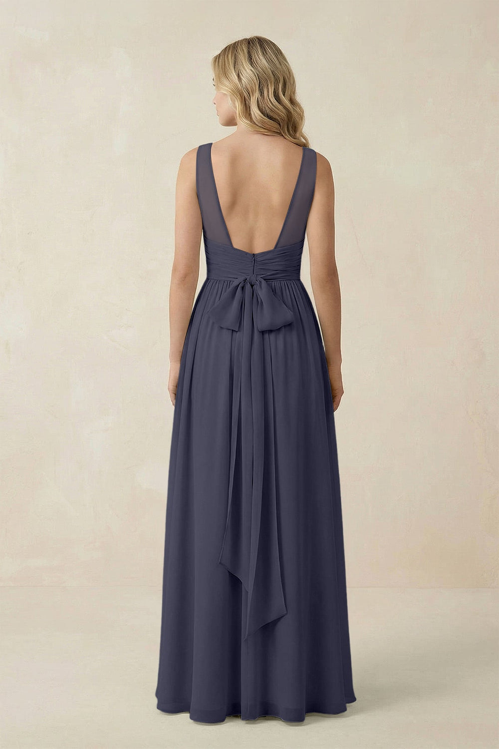 V - Neck A - Line Bridesmaid Dress with Back Bow in Dusk Blue - SHE IS ME Bridesmaid Dresses
