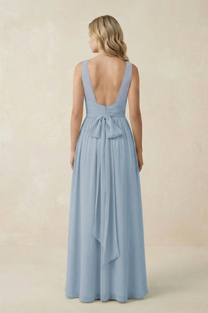 V - Neck A - Line Bridesmaid Dress with Back Bow in Dusty Blue - SHE IS ME Bridesmaid Dresses