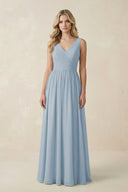 V - Neck A - Line Bridesmaid Dress with Back Bow in Dusty Blue - SHE IS ME Bridesmaid Dresses